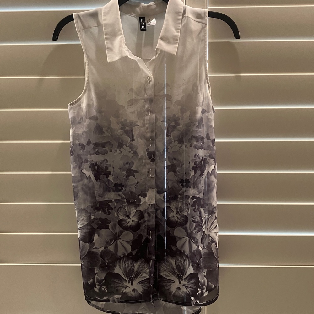 Divided Sheer White Floral Button-Up Blouse